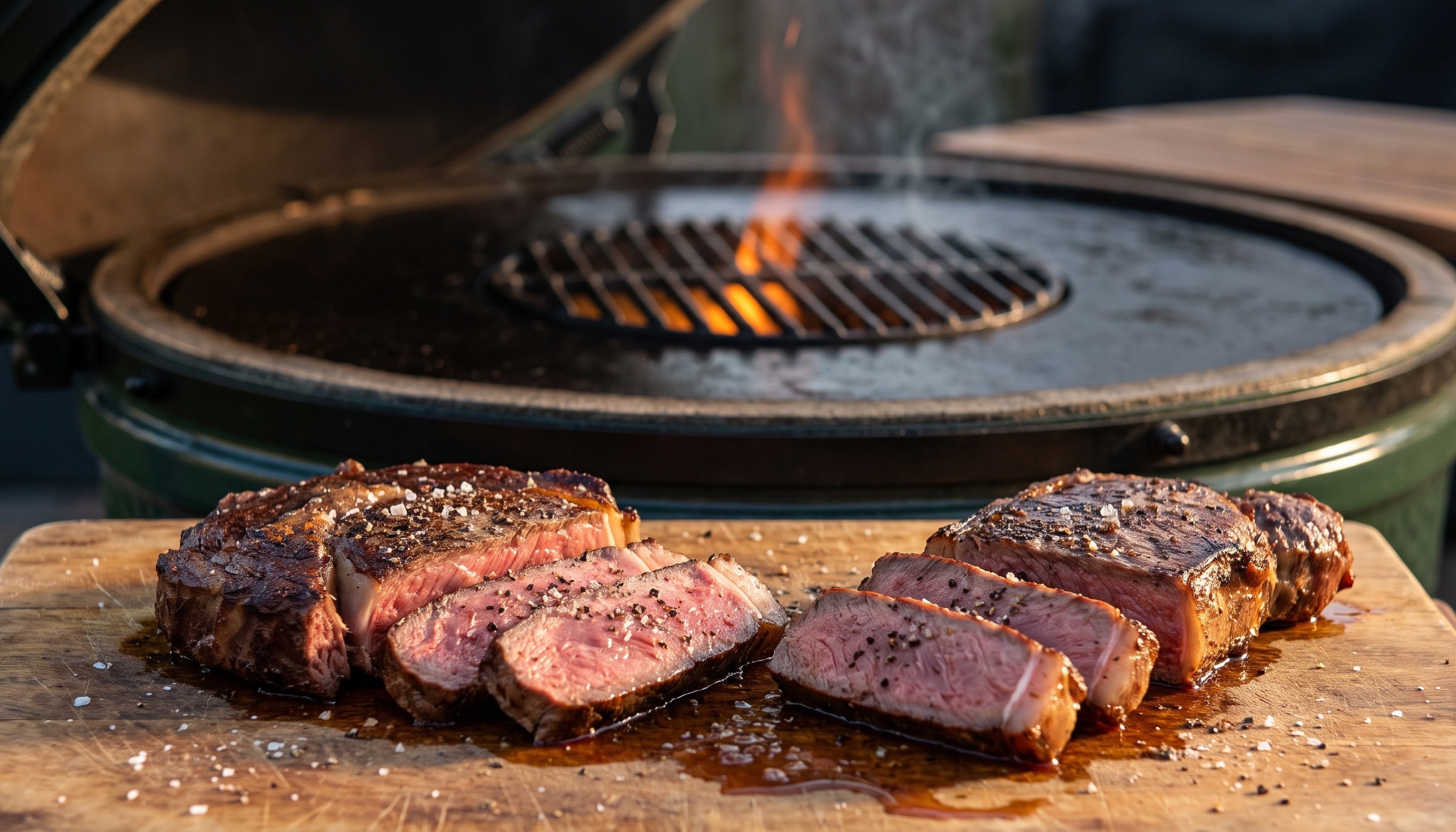Sliced medium-rare ribeye and strip steak on a cutting board in front of a kamado grill fitted with the Arteflame flat-top kit
